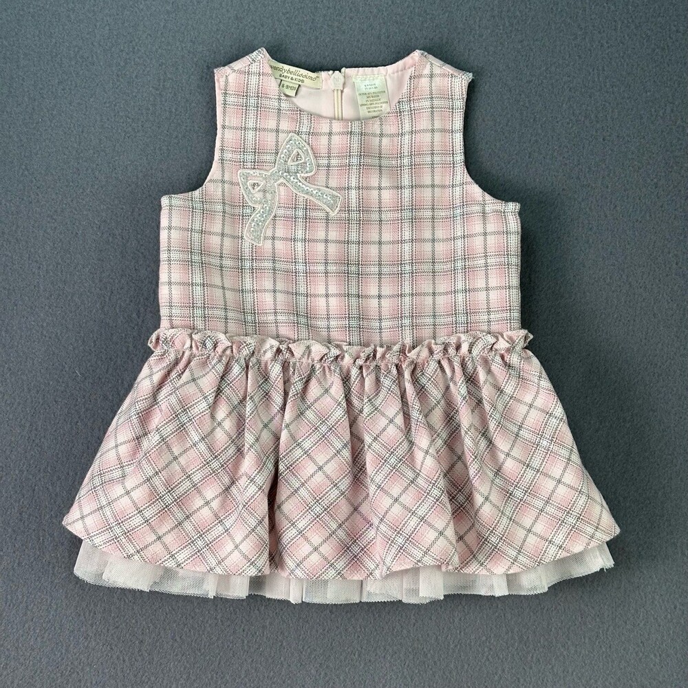 WENDY BELLISSIMO Pink Grey Plaid Rhinestone Bow Ruffled Hem Dress Baby Girl 6-9m